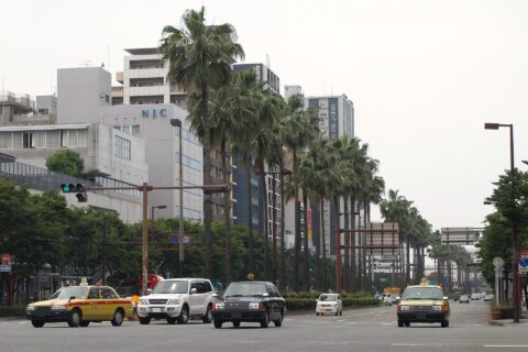 Taihaku-dori avenue in Fukuoka City, view towards Hakata Station from Fukuoka Sunpalace