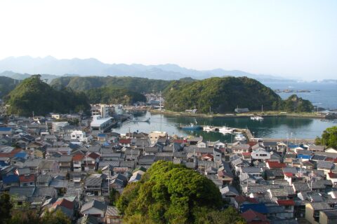 View of Taiji from the south. The marina is in the center, the Pacific Ocean is to the right.