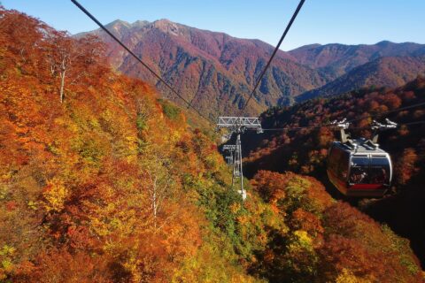 谷川岳ロープウェイのゴンドラより土合口駅方面を望む。