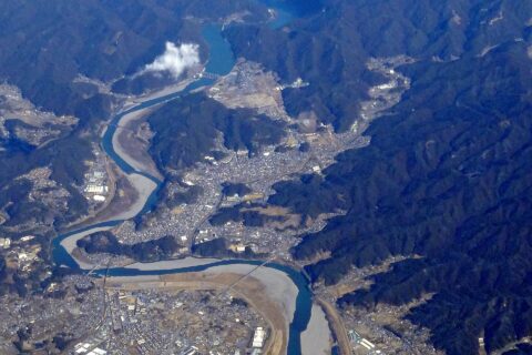 Tenryu River from the sky in Shizuoka prefecture, Japan.