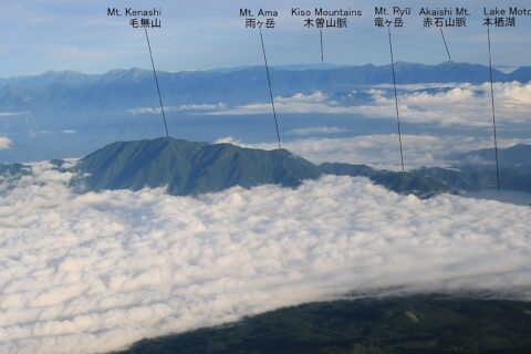 富士山から望む雲海に浮かぶ天子山地、左から毛無山、雨ヶ岳、竜ヶ岳、本栖湖、遠景は赤石山脈