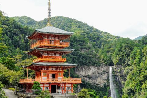 Three-storied Pagoda of Seiganto-ji temple and Nachi Falls.
