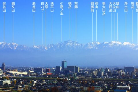 剱・立山連峰と富山市街。16:9にトリミング。山名追記。