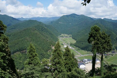 ​若桜鬼ヶ城から見た但馬街道（上方向）と播磨街道（右方向）