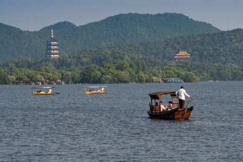 Leifeng Pagoda as seen from West Lake in Hangzhou, China.