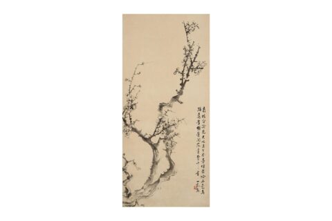 YI ZHI. Plum blossom, ink on paper, signed Yi Zhi, Chinese hanging scroll painting, 31 x 67cm. 一之 梅花 水墨紙本 立軸 款識：菊枝開後見天心，月下芬芳伴苦吟。不是為膝桃李樹，等閑落盡費千金。一之寫。 鈐印：「一之」。