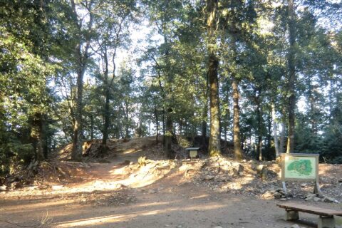 吉田郡山城跡の本丸周辺（安芸高田市）。画像手前が二の丸、中央が本丸、最奥部が本丸櫓台。