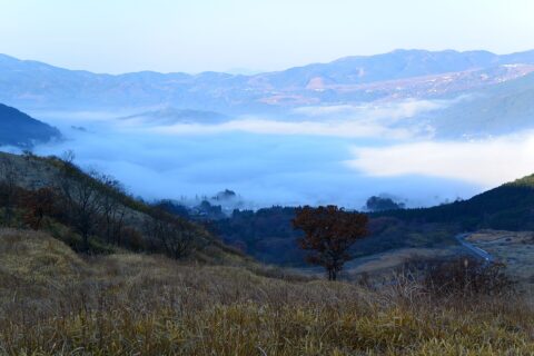 湯布院盆地の朝霧 2013年12月8日、湯布院盆地は寒い朝に霧に包まれることが多い。由布岳の麓から見下ろした光景