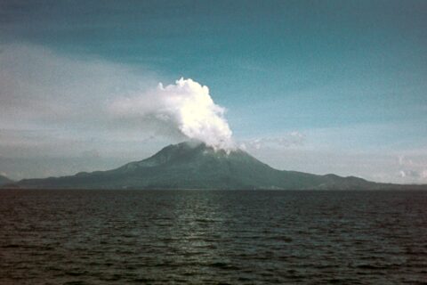 The volcano Sakurajima (near Kagoshima) in Japan on 28 Jul or 14 Aug 1974. Picture taken and uploaded by Roger McLassus.