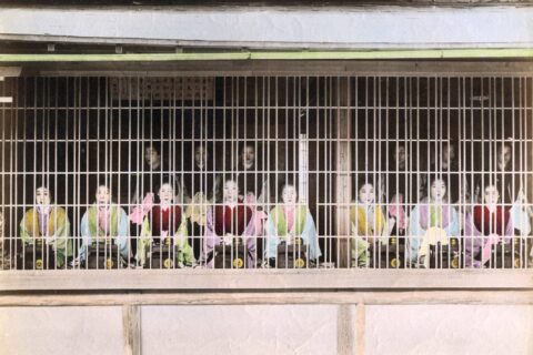 Yoshiwara district of Tokyo prostitutes on display. This type of photo was sometimes captioned "The Sisters on Exhibit" Hand-coloured albumen silver print.