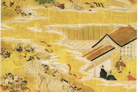 安徳天皇生誕から、壇ノ浦入水に至る一代を画いたもの。上部の色紙形の書は伝青蓮院宮筆。もとは阿弥陀寺（赤間神宮）内の安徳天皇御霊堂の障子絵であったものが、明治になって軸装に改められた。