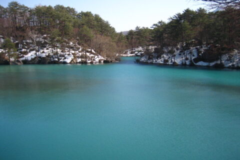 A picture of Bishamon-numa Pond, a volcanic lake in Fukushima, Japan, and one of the famed "Five Colored Lakes". Image was taken with a Canon PowerShot SD450 Digital Elph camera and edited using a Paint Shop program on a
