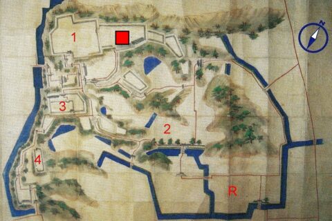Layout of Sadowara castle in Miyazaki Prefecture, Japan
