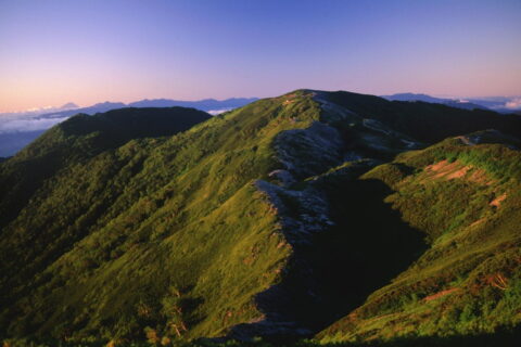蝶槍から望む蝶ヶ岳の朝焼け、左奥に大滝山、最奥に富士山と南アルプス