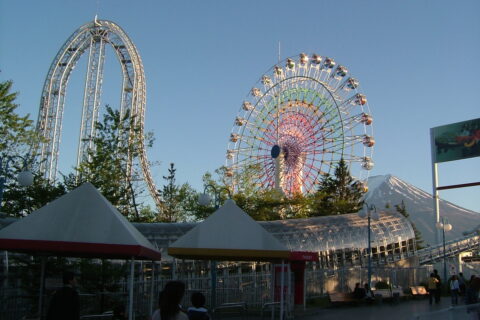 This is the Dodonpa rollercoaster, with Mount Fuji in the background, at the Fuji-Q Highland amusement park in Japan.