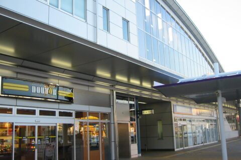 Appearance of the north side of Fujieda Station, Fujieda City, Shizuoka Prefecture, Japan, on a Sunday morning. The north exit of the station is in the right edge of the picture.