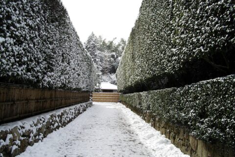Entrance way of Ginkakuji-temple in a snowy day, Kyoto, Japan. 雪の日の銀閣寺の入り口「銀閣寺垣」