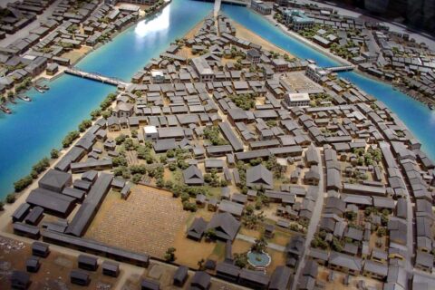 Small-scale recreation of the Nakajima area in Hiroshima before the atomic bombing on August 6, 1945; Hiroshima Peace Memorial Museum