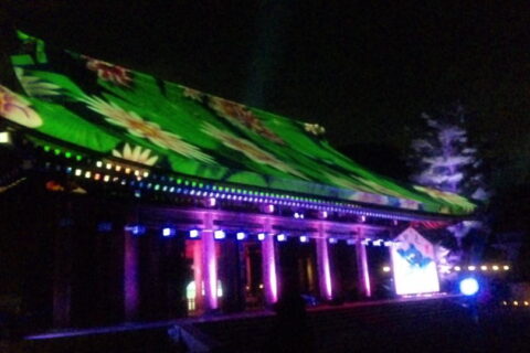 夜の橿原神宮神武天皇祭。外拝殿の屋根にライトアップ映像。