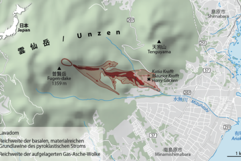 Map of the pyroclastic flow at Mount Unzen, June 3, 1991