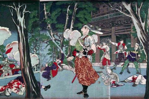 Kondō Isami, leader of the pro-shogunate Shinsengumi, facing soldiers from Tosa (distinctive "Red bear" (赤熊 Shaguma)) wigs of the officers) at the Battle of Kōshū-Katsunuma. It was a battle between pro-Imperial and Tokug