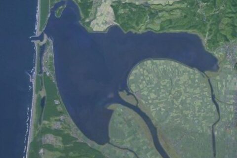 Japan: aerial view of Jūsan lake in Goshogawara (Aomori prefecture).