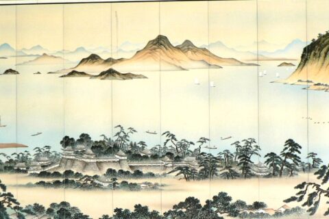 岡眠山筆、絹本著色登覧画図（享和2年、広島県三原市妙正寺蔵）の陶板複製。三原駅に設置。