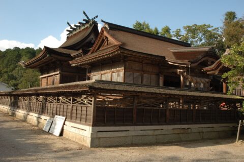 Haiden (oratory) and Honden (main sanctuary) (latter designated as Japan's national important cultural property), Nakayama Jinja shrine, Tsuyama city, Okayama, Japan