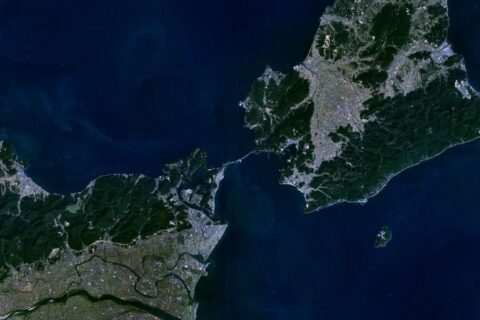 Naruto strait as seen from space. There seems to be an outflow from the upper right to the lower left.