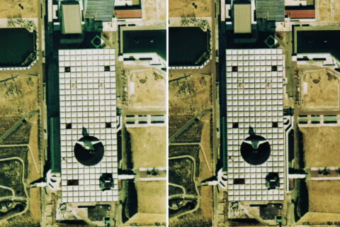 大阪万博記念公園お祭り広場付近のステレオ空中写真。ckk-74-8_c3_27およびckk-74-8_c3_28を使用。