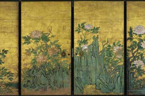 Pivoine sur paravent du peintre Kanō Sanraku (17e siècle). Couleur or sur papier 184x93,5.
