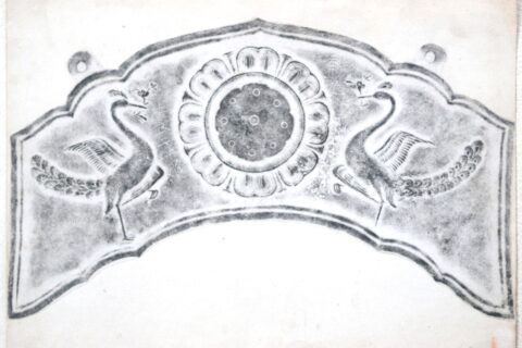 Rubbing of Buddhist ritual gong with peacock relief, Cast bronze gilt, Pair of peacock motif on both sides. 1250-01-01 Date incised: January 1, 1250. Kamakura period, 32.5cm wide. Chūson-ji, Hiraizumi, Iwate、Japan