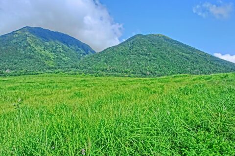 西の原からみた三瓶山。右が子三瓶山、左が男三瓶山。女三瓶山や孫三瓶山は陰になって見えない