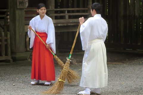 Shinto priests pause for a chat at the Amanoiwato Shrine in Takachiho on Kyushu Island, Japan.
