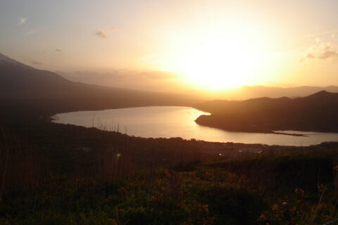 Sunset at lake Yamanakako, Japan. View from the launch at mount Myouyama.