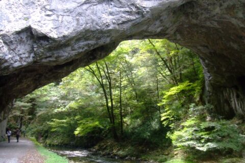 ​広島県庄原市東城町帝釈、帝釈峡雄橋を帝釈川上流側から望む。
