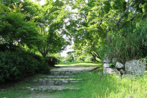 鳥羽山城跡（静岡県浜松市天竜区二俣町二俣）。大手門跡から本丸跡を臨む。