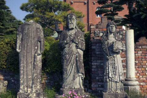 Ruins of the Cathedral destroyed by the Atomic Bomb with the rebuilt cathedral in the background.