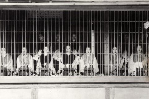 Spaarnestad Photo, SFA022815579 Japanse Yoshiwara-meisjes, prostituees geëtaleerd achter tralies in een Japanse amusementswijk. 1931 of eerder. Collectie SPAARNESTAD PHOTO/Het Leven Japanese Yoshiwara prostitutes shown b