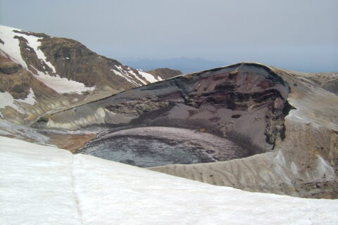 Okama Crater Lake on Mount Zao, Miyagi Prefecture, Japan. I took this photo with a digital camera in April 2005.